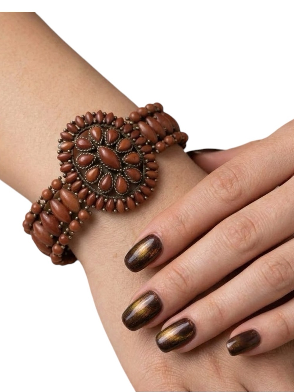 Bohemian Carnelian Bead Medallion Stretch Bracelet Dark Brass Ethnic Jewelry